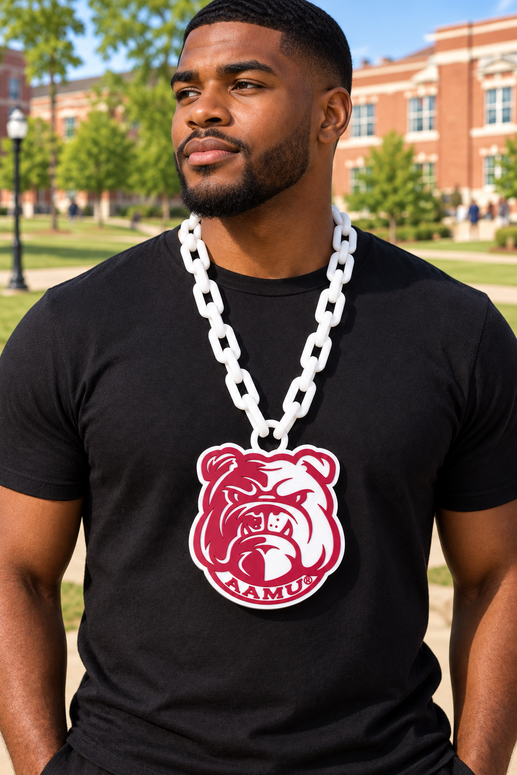 Male model wearing Alabama A&M Bulldog hype chain with long white hoop links