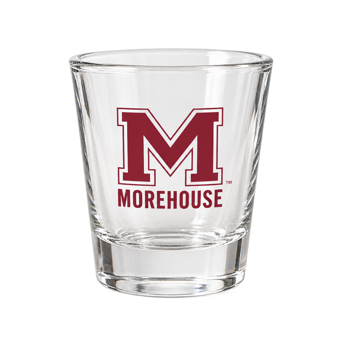 Morehouse College clear shot glass with maroon M logo