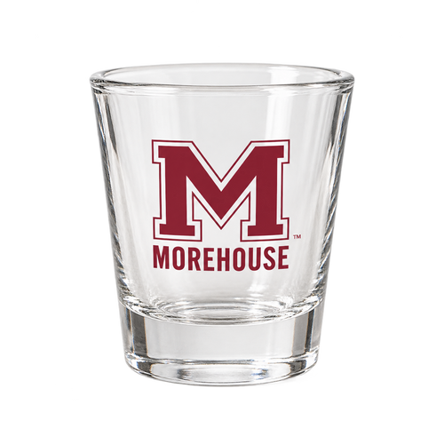 Morehouse College clear shot glass with maroon M logo