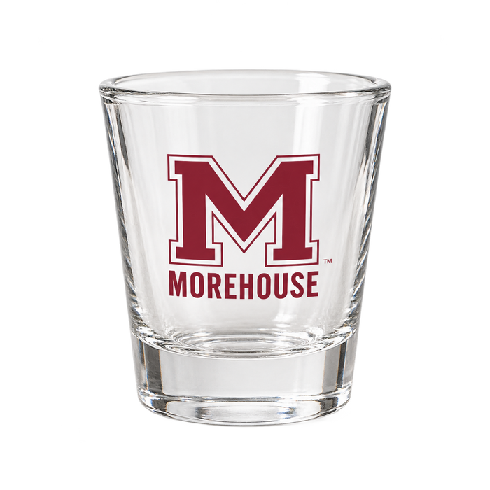 Morehouse College clear shot glass with maroon M logo