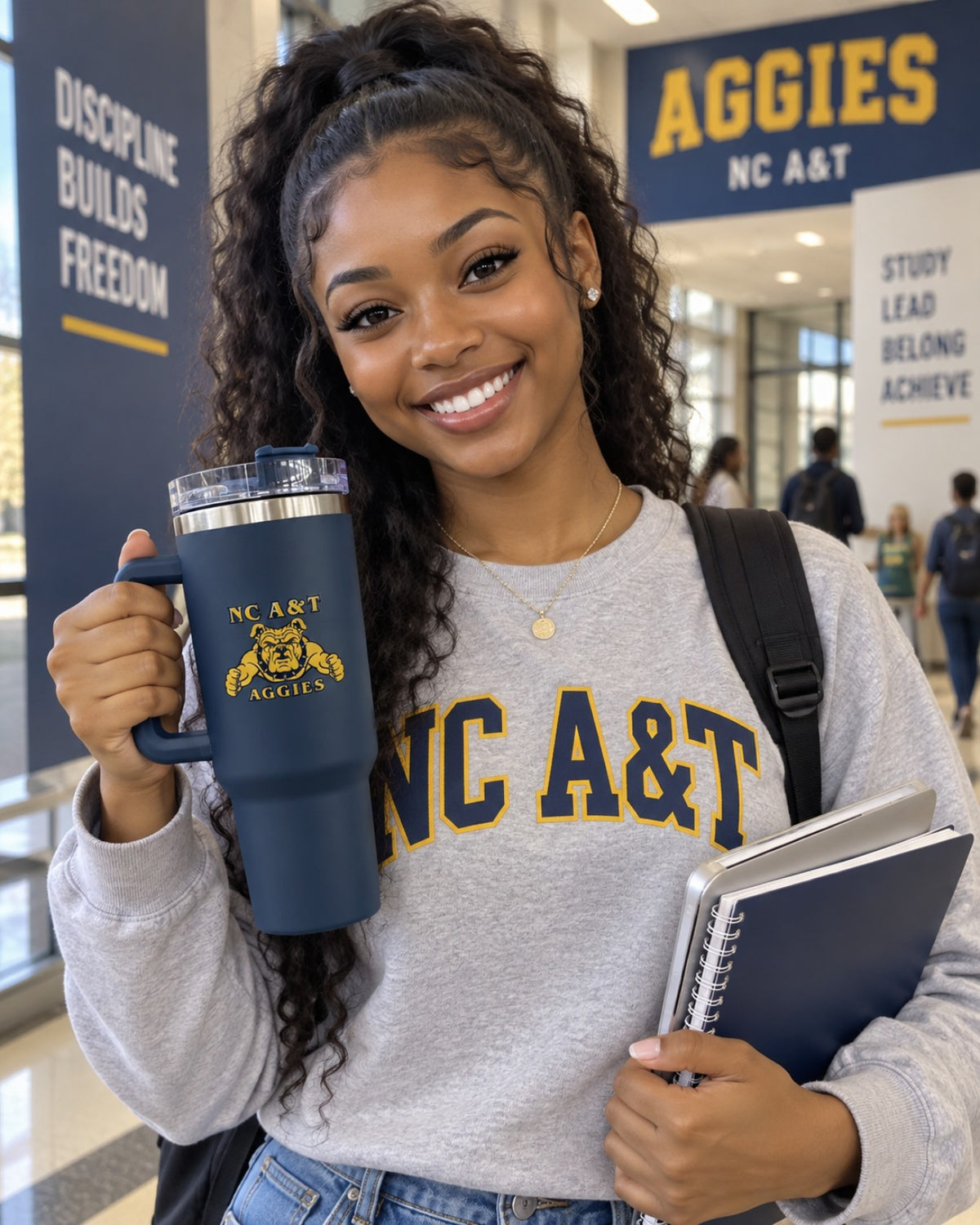 Student holding a matte navy NC A&T Aggies Bulldog 40 oz tumbler