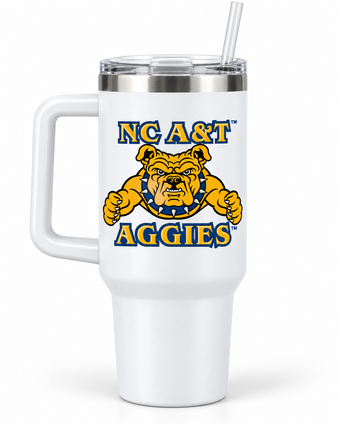 White North Carolina A&T Aggies 40 oz tumbler with bulldog design