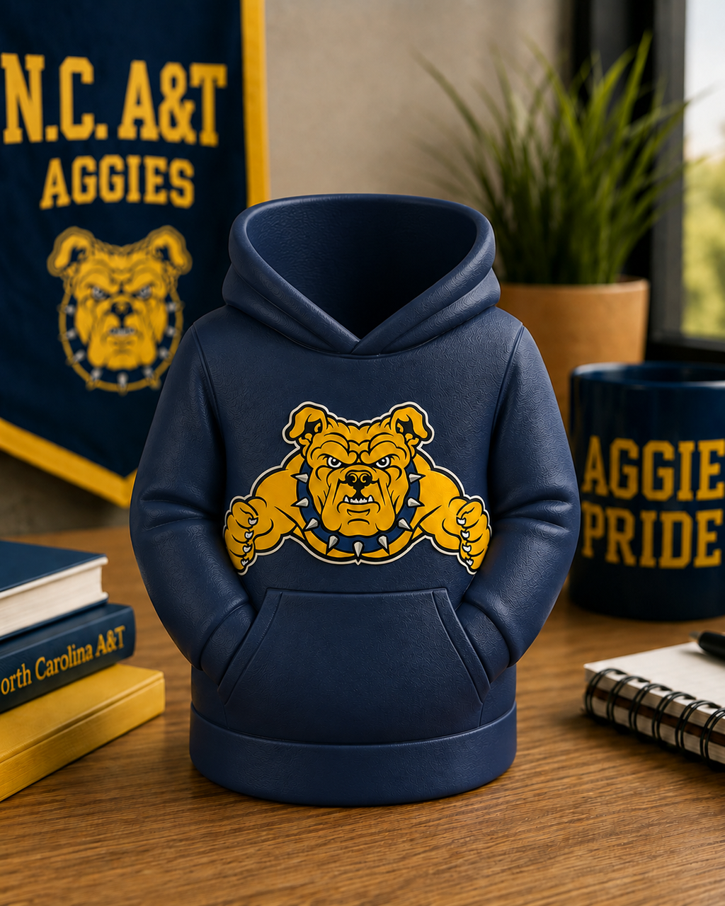 NC A&T Aggies bulldog hoodie pen holder in matte navy blue