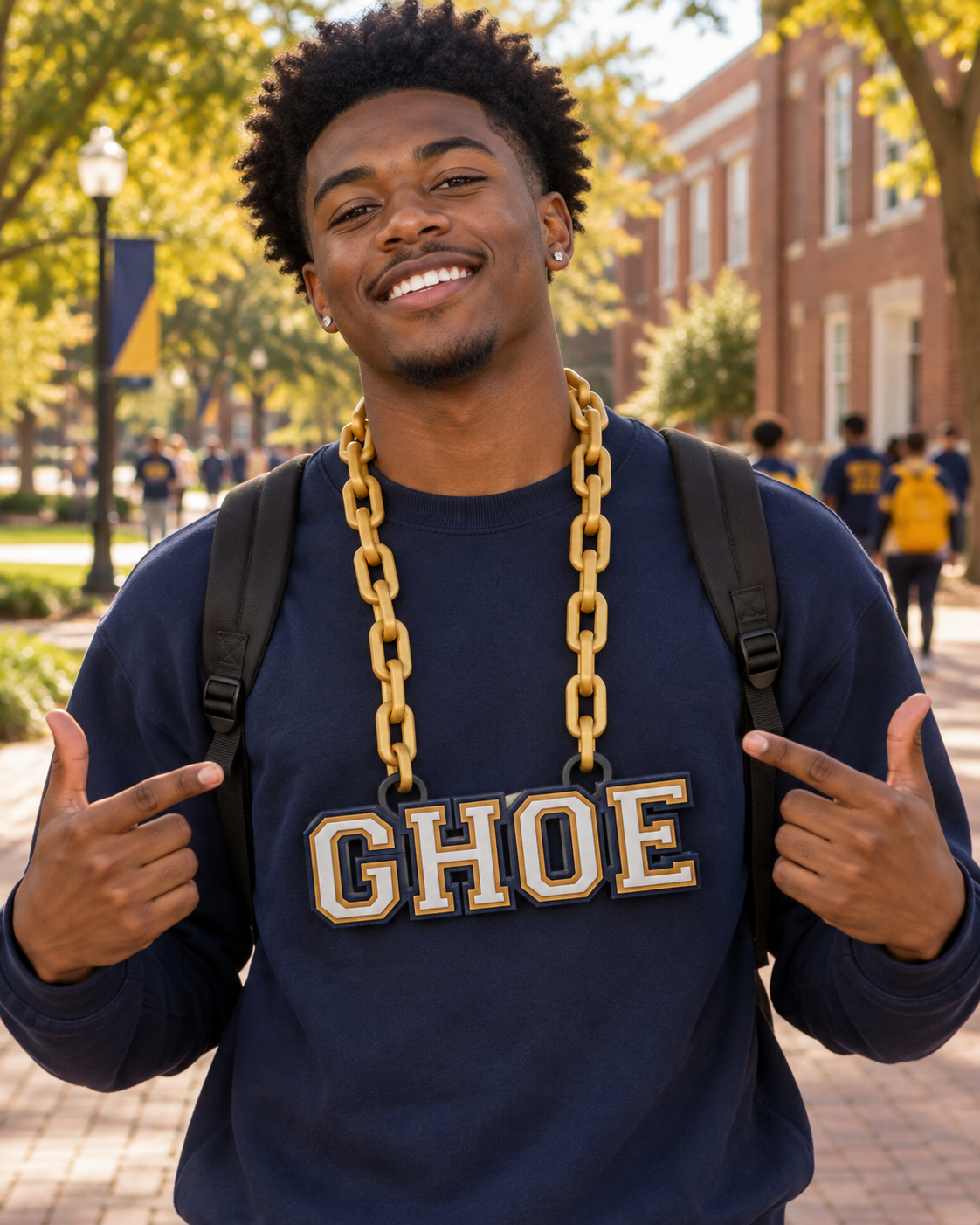 Man wearing the NC A&T GHOE block-letter hype chain on campus