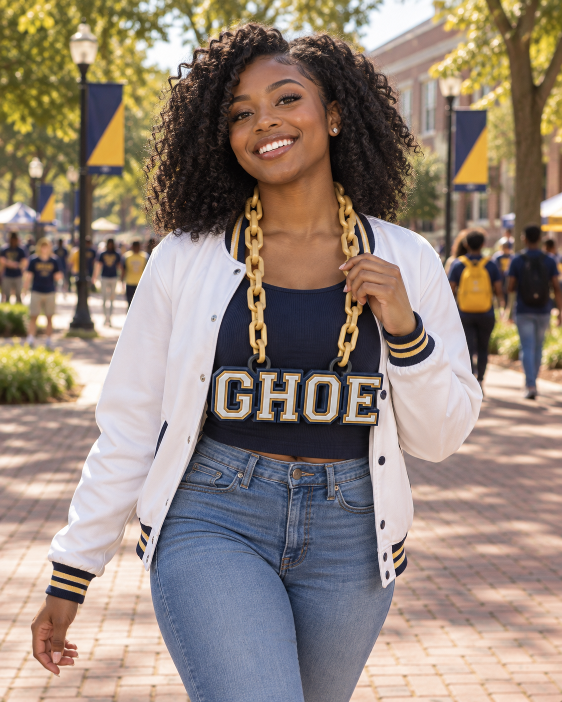 Woman wearing the NC A&T GHOE block-letter hype chain with solid gold links on campus