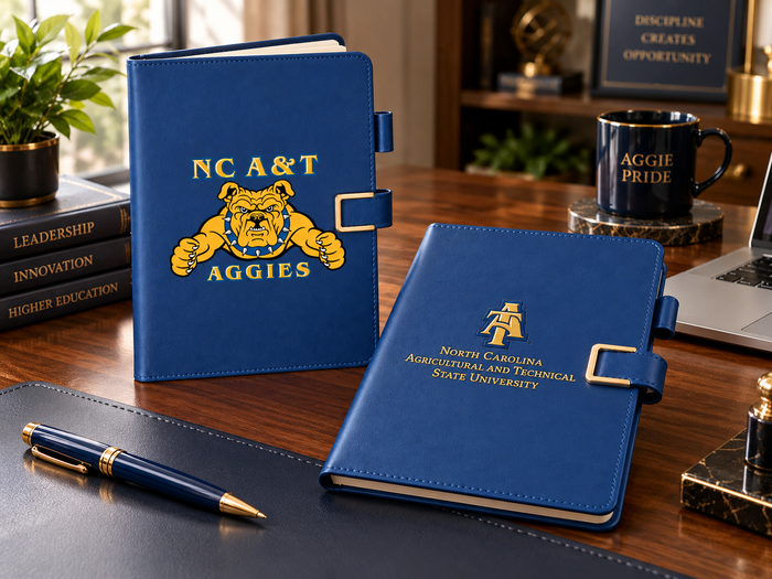 Two navy North Carolina A&T journals on a professional business desk