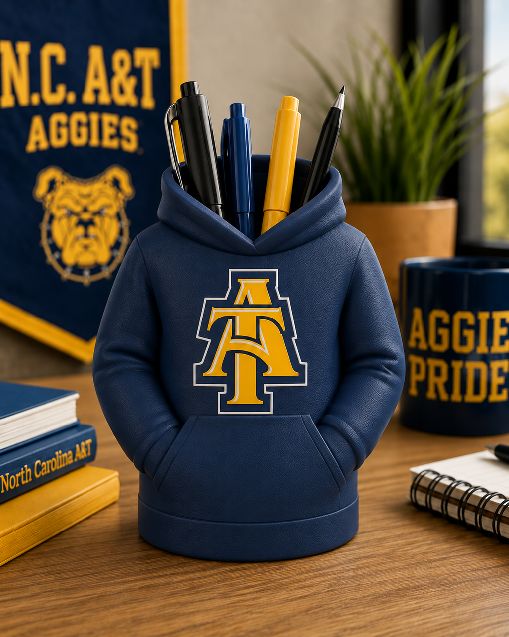 NC A&T logo hoodie pen holder in matte navy blue