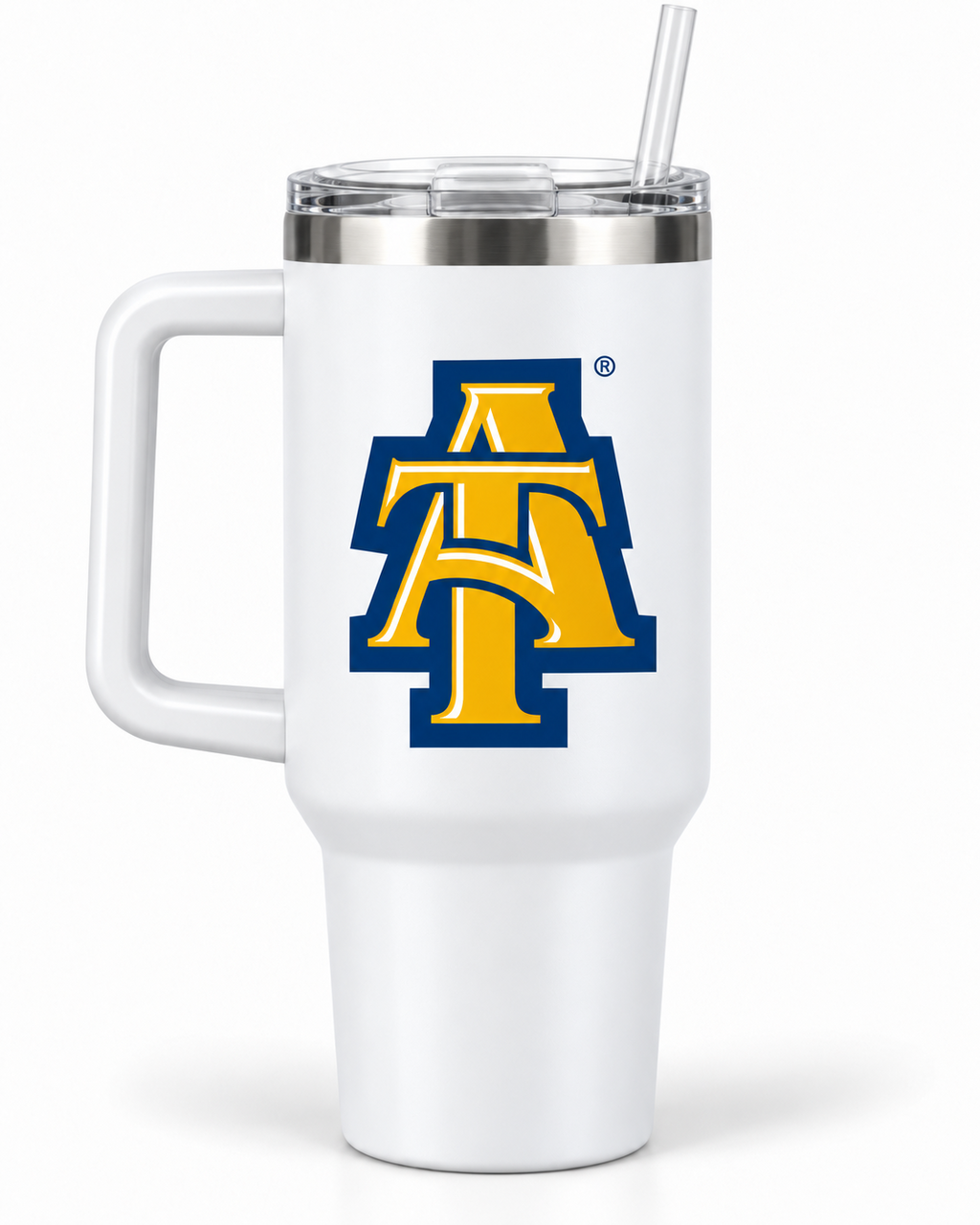 White North Carolina A&T 40 oz tumbler with A&T monogram