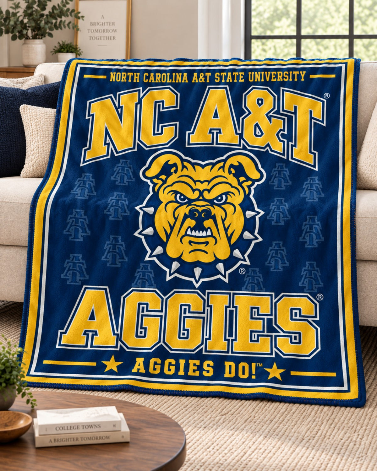 NC A&T Super XL Plush Throw displayed on a living room sofa