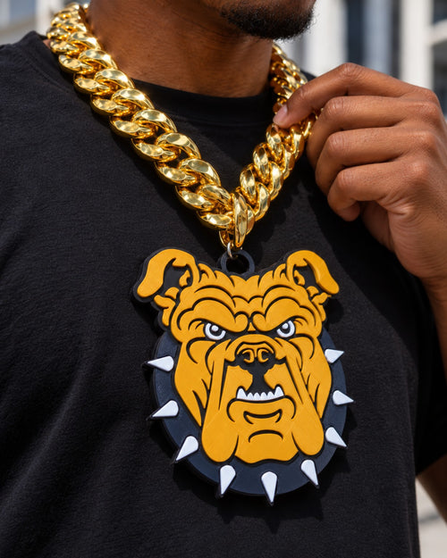 NC A&T Bulldog Head Hype Chain pendant and gold-tone links close-up