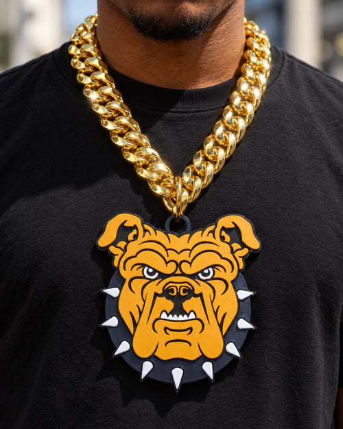 NC A&T Bulldog Head Hype Chain on model, front close-up