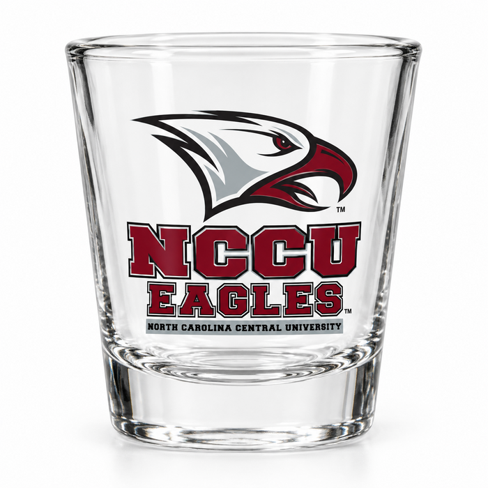 North Carolina Central Eagles clear shot glass with maroon eagle logo