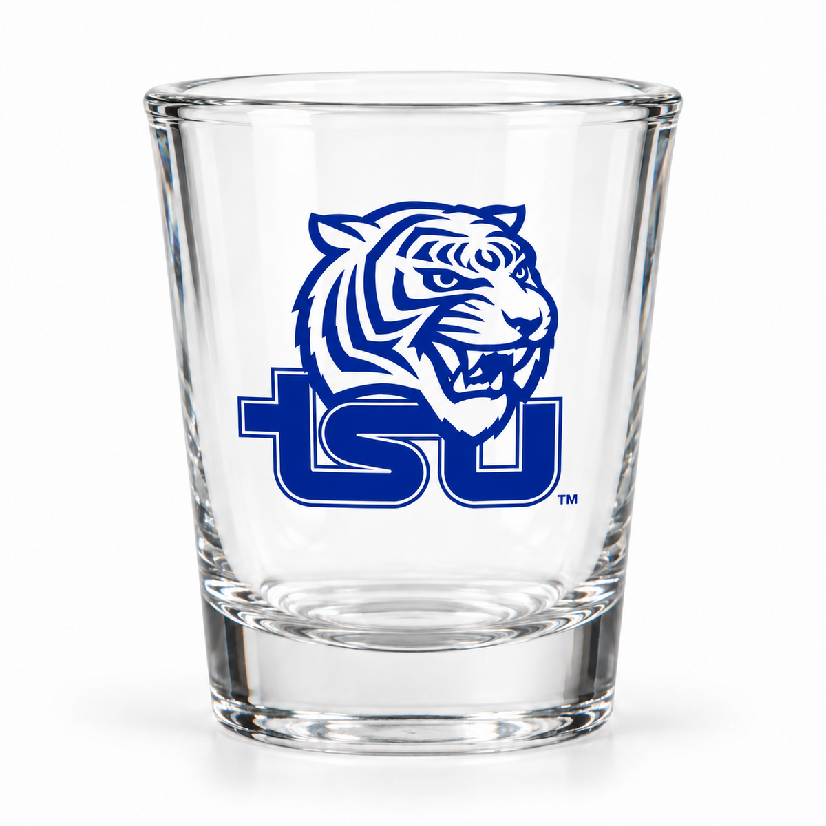 Tennessee State Tigers clear shot glass with blue TSU tiger logo