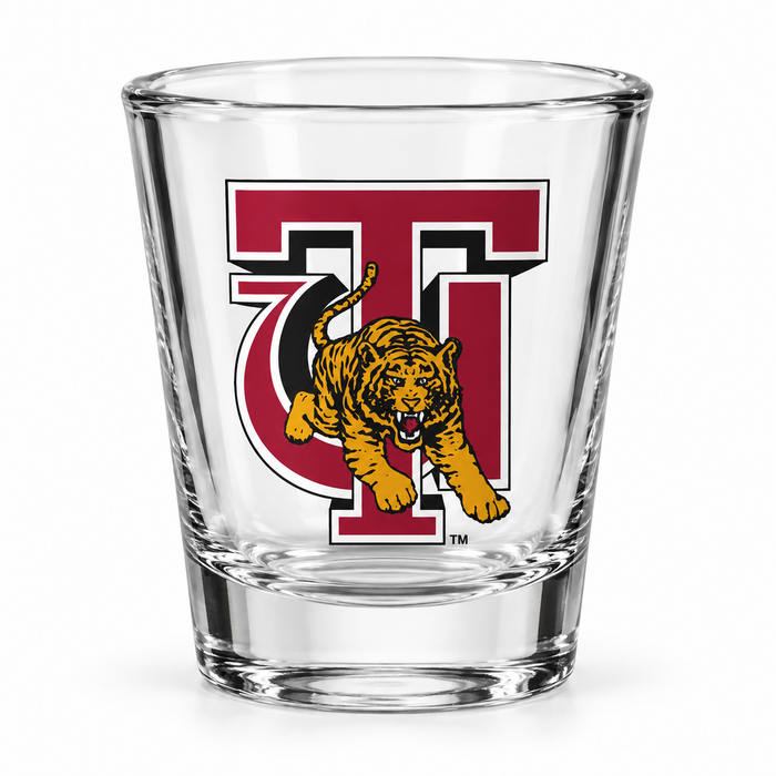 Tuskegee Golden Tigers clear shot glass with crimson T and tiger logo