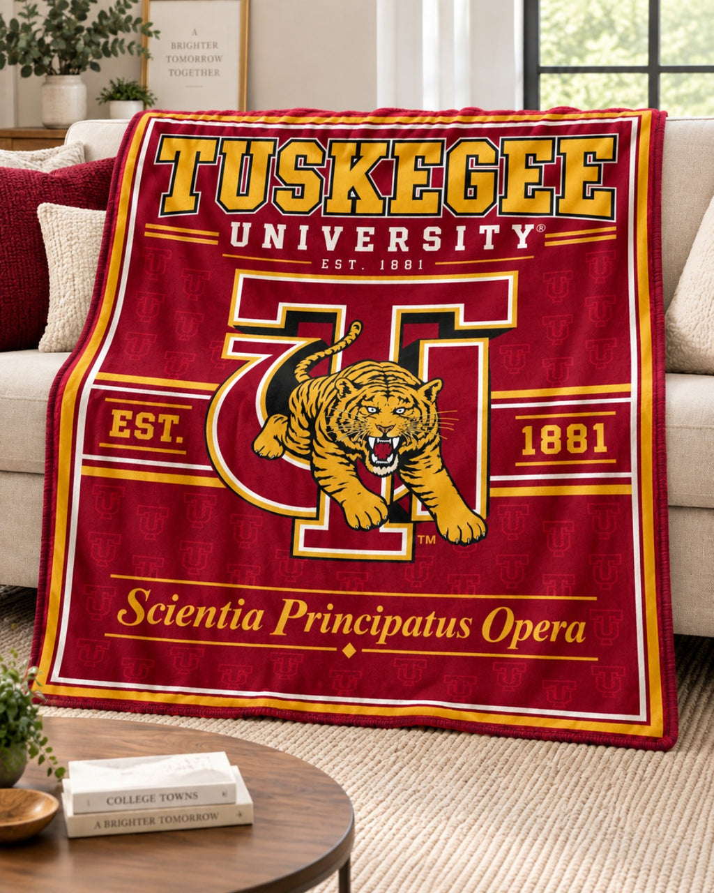 Tuskegee University Super XL Plush Throw displayed on a living room sofa