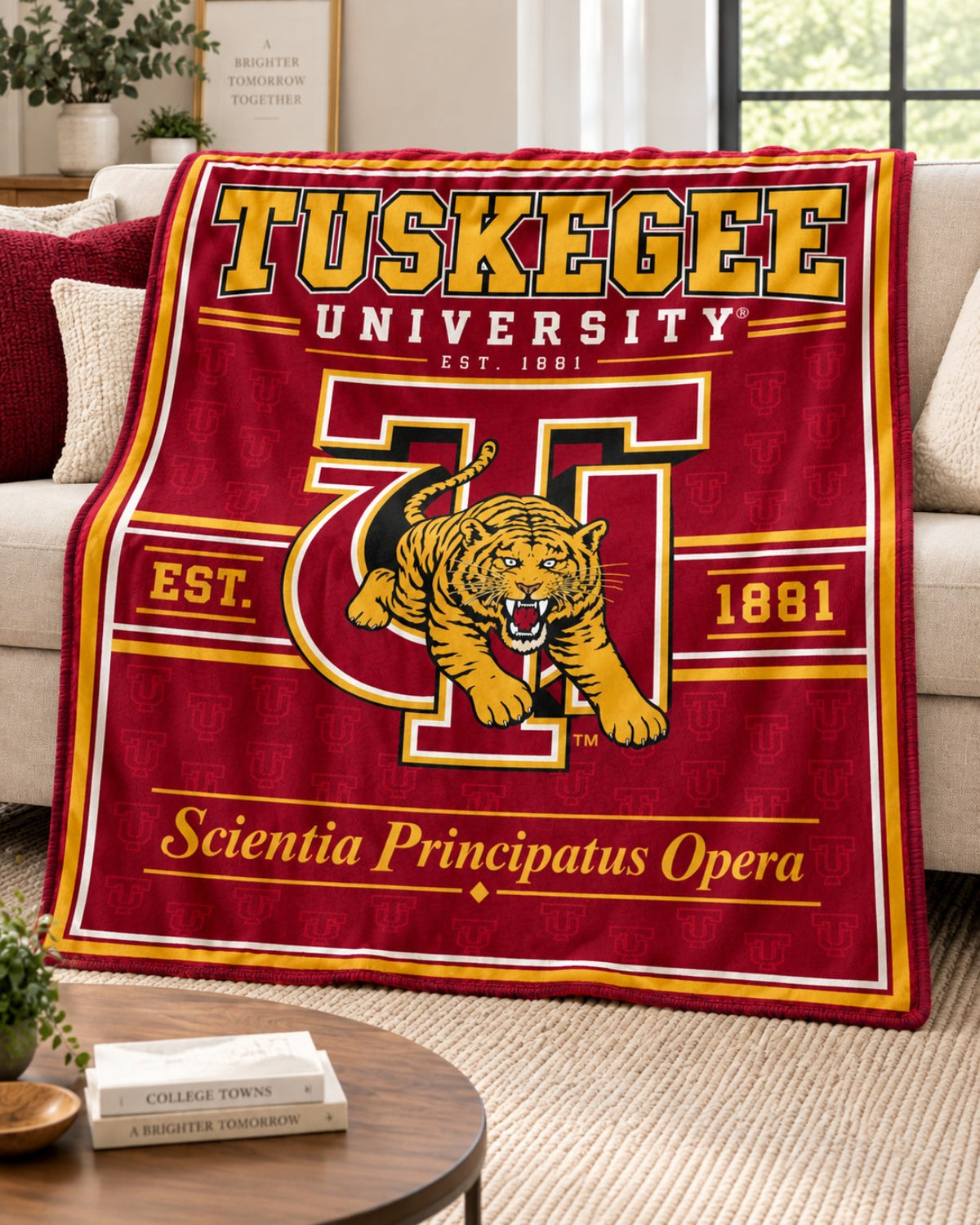 Tuskegee University Super XL Plush Throw displayed on a living room sofa