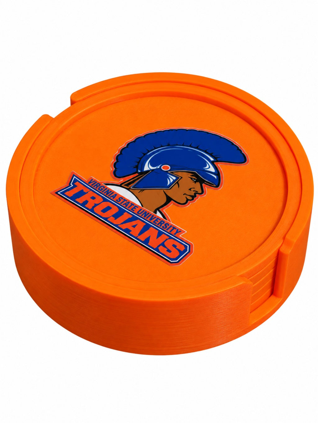 Virginia State University Trojans orange coaster set with holder