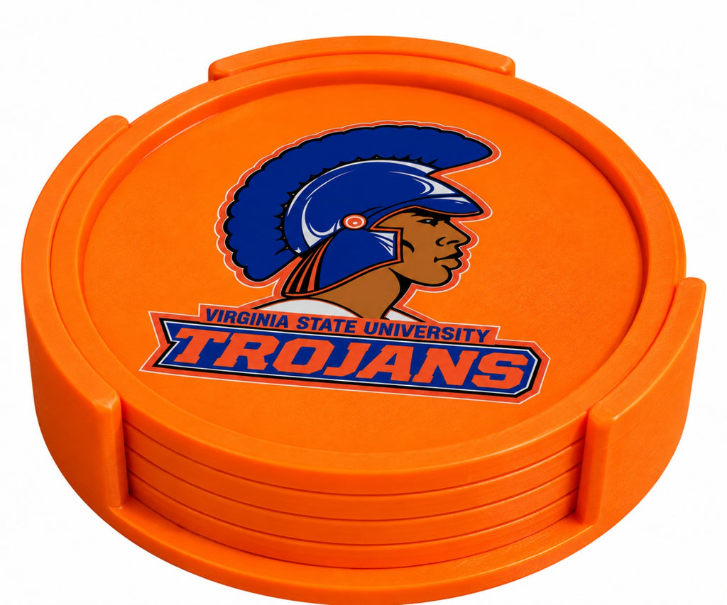 Close-up of Virginia State University Trojans coaster set